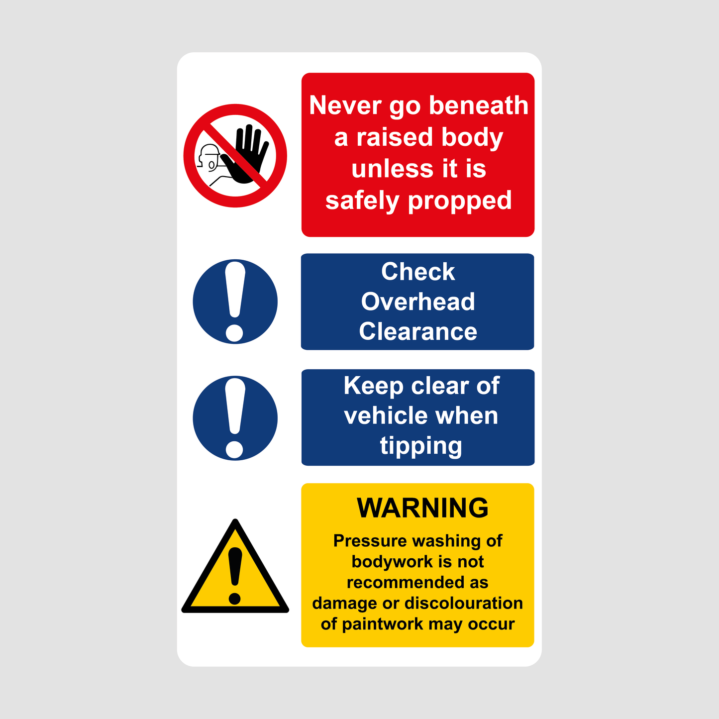Body Prop, Check Overhead, Keep Clear Tipping, Warning Pressure Washing Warning Label 155mm x 261mm